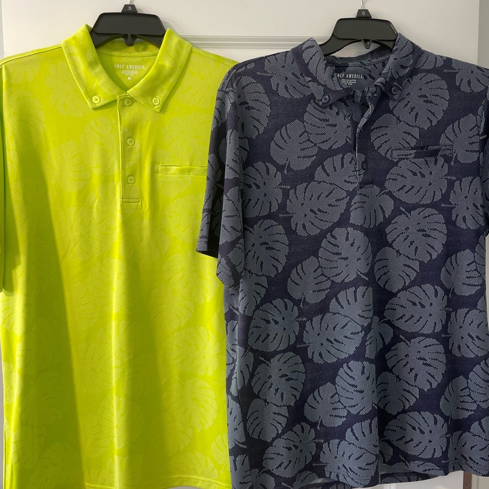 2 Men's Navy Blue and Yellow Leaf Print Shirts